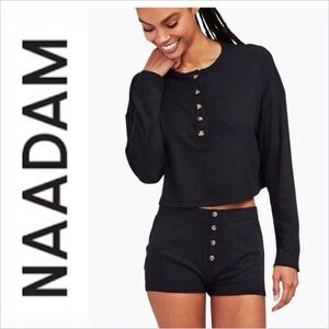 Naadam Ribbed lightweight cashmere blend crop henley black XS